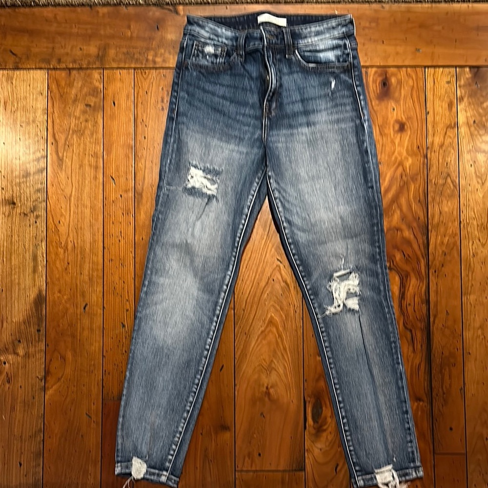 Blue Boyfriend Jeans with Distressed Rips and Raw Hem